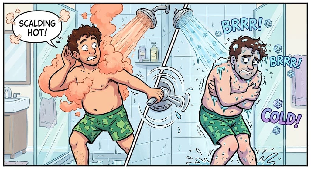 Cartoon of the same man twice in one shower: on the left he is scalded by steaming hot water while wrenching the tap, on the right he shivers under freezing water
